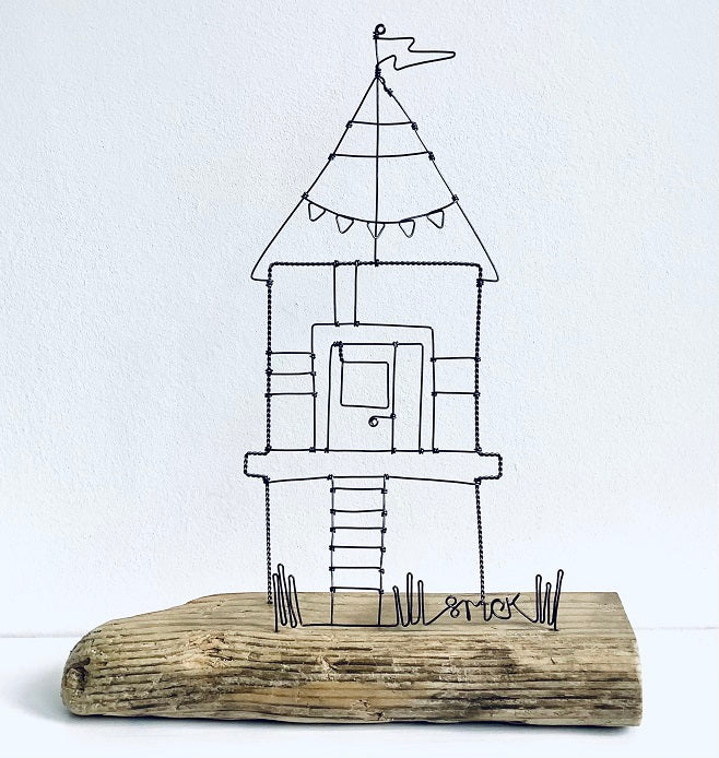 "Beach Hut II" hand formed freestanding wire and waxed driftwood sculpture by Wild Grey Art