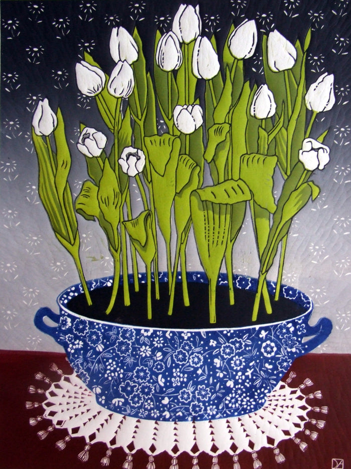 White Tulips - linocut by Diana Ashdown