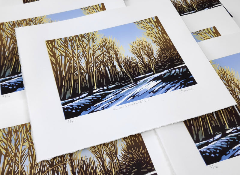 "Winter Woodland Sun" Limited Edition Reduction Linocut Print by Alexandra Buckle