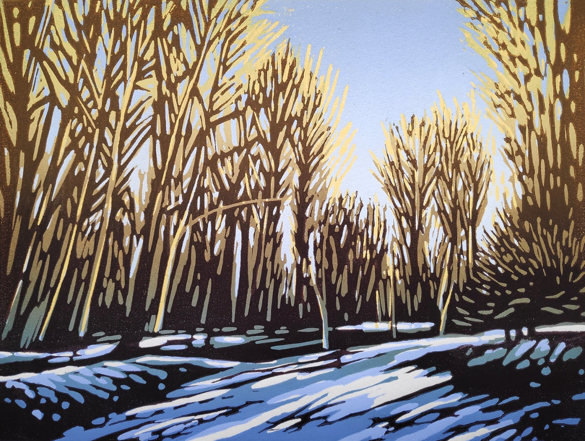 "Winter Woodland Sun" Limited Edition Reduction Linocut Print by Alexandra Buckle