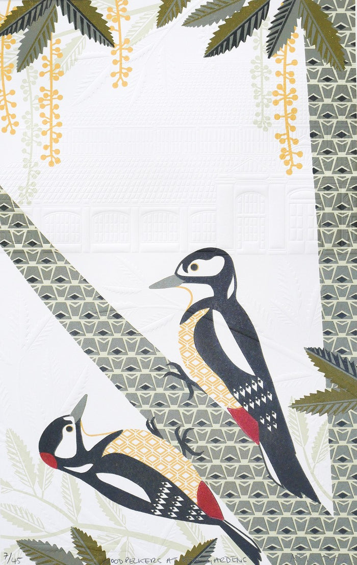 Woodpeckers at Kew Gardens linocut by Ashley Hutchinson