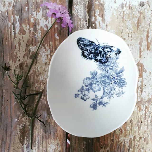 Blue Butterfly Floral Trinket Dish by Liz Jones