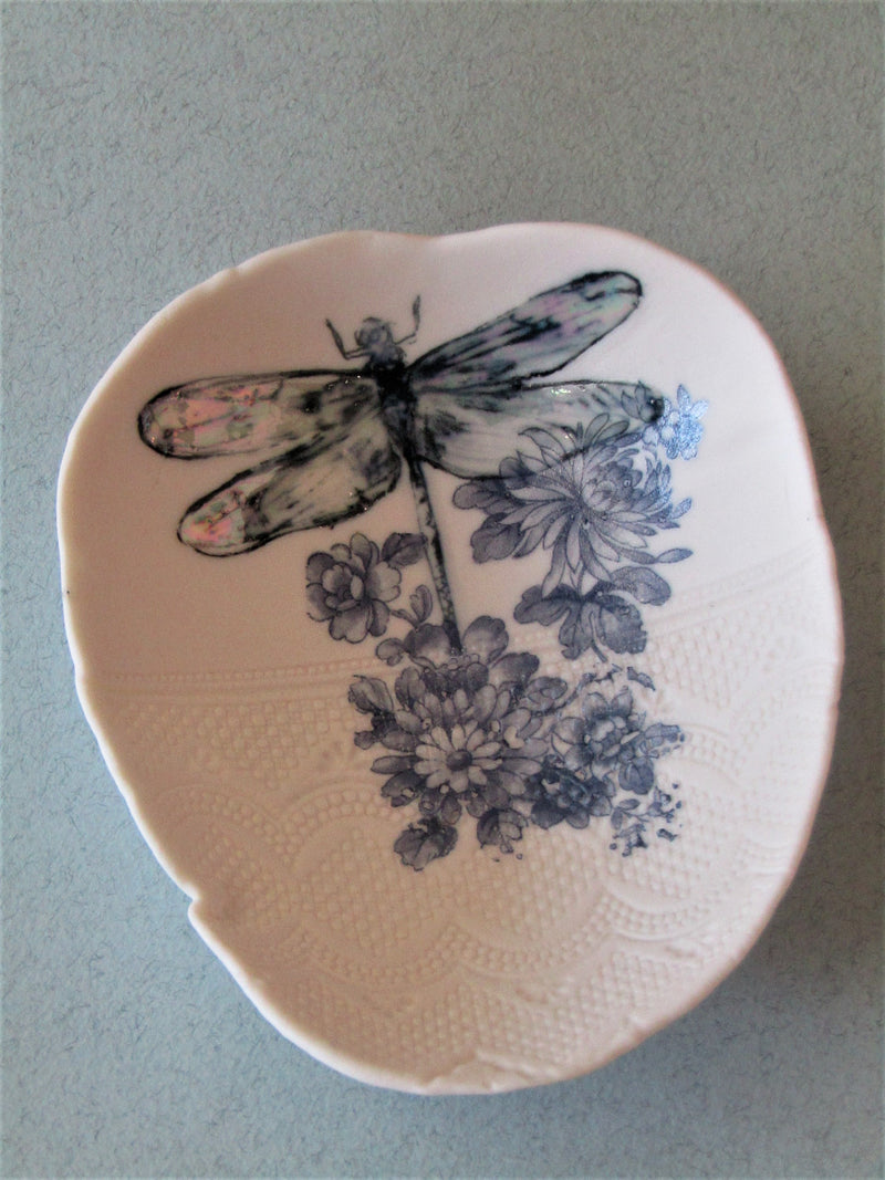 Blue Dragonfly Floral Trinket Dish by Liz Jones