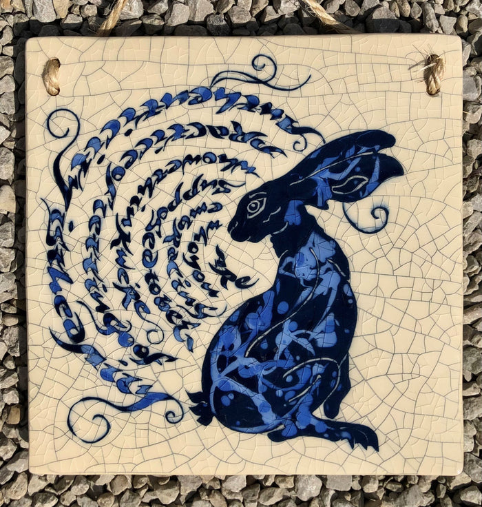 Medium ceramic  tile with Hare and quotation by Mel Chambers