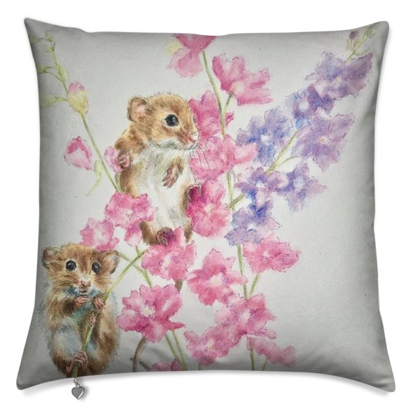 Harvest Mice on Pink and Blue Larkspur Cushion by Sally Leggatt