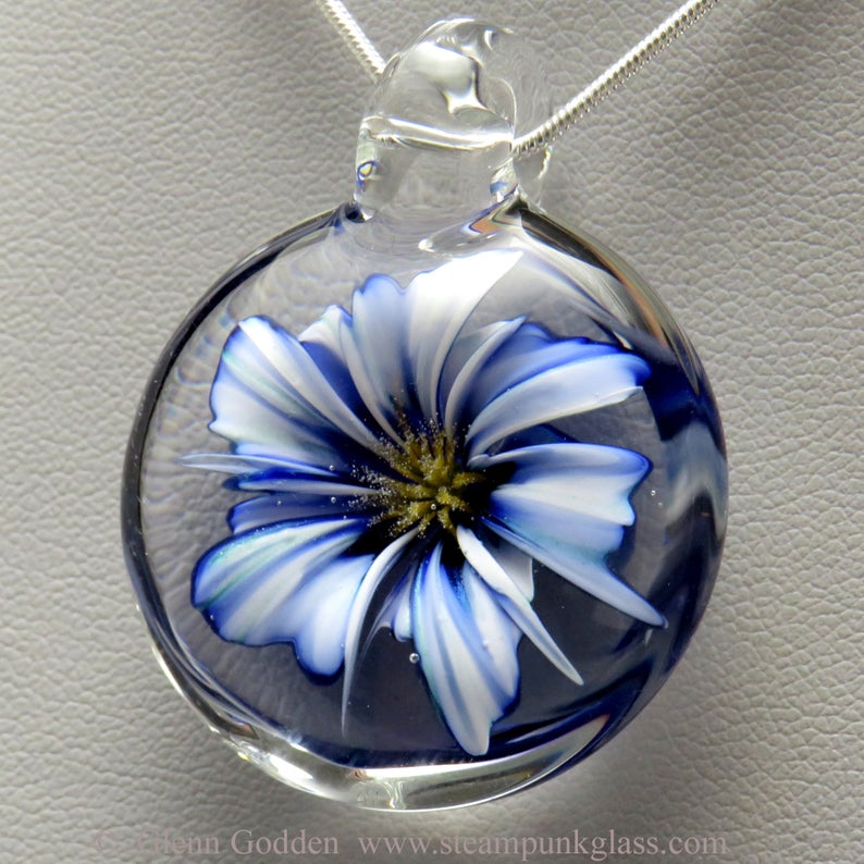 Realistic cobalt blue and white glass 3D flower pendant
