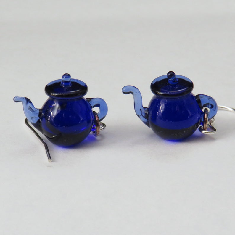 Tiny Teapot Earrings - Colbalt Blue