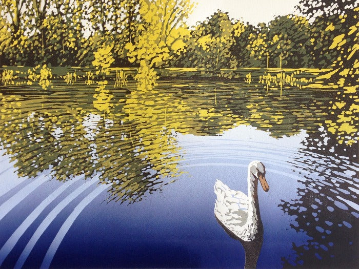 "Lake View with Swan" Limited Edition Reduction Linocut Print by Alexandra Buckle