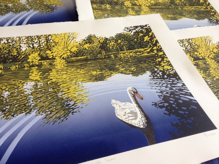 "Lake View with Swan" Limited Edition Reduction Linocut Print by Alexandra Buckle