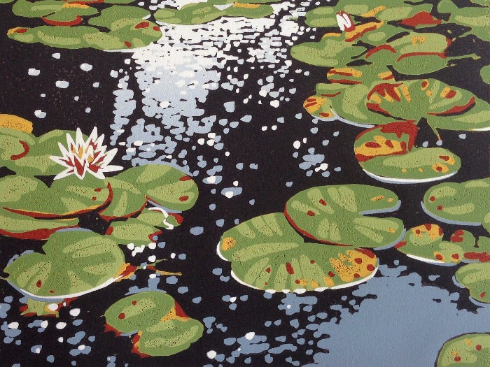 "Lilies and Reflections" Signed Studio Proof Reduction Linocut print by Alexandra Buckle
