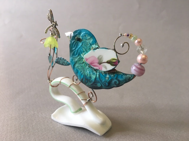 Small Birdie on Cup Handle with Green Flower by Linda Lovatt