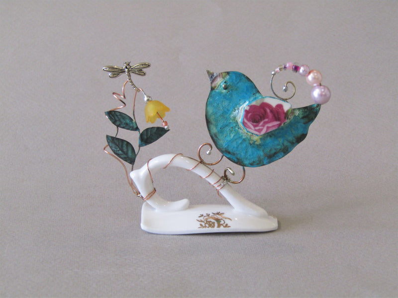 Small Birdie on Cup Handle with Yellow Flower by Linda Lovatt