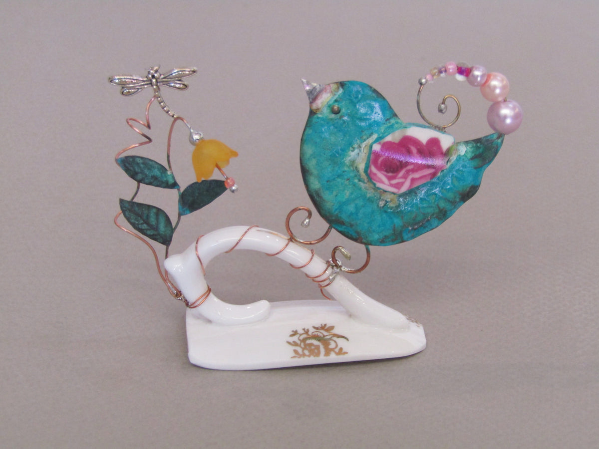 Small Birdie on Cup Handle with Yellow Flower by Linda Lovatt