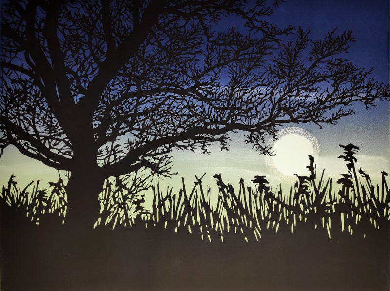 "Otmoor Tree with Rising Moon" Limited Edition Reduction Linocut Print by Alexandra Buckle