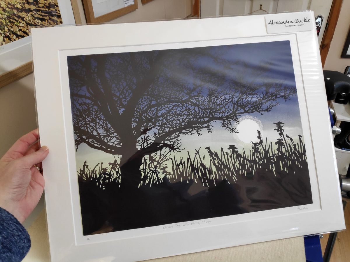 "Otmoor Tree with Rising Moon" Limited Edition Reduction Linocut Print by Alexandra Buckle