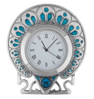 Peacock Art Nouveau Style Pewter Enamel Clock