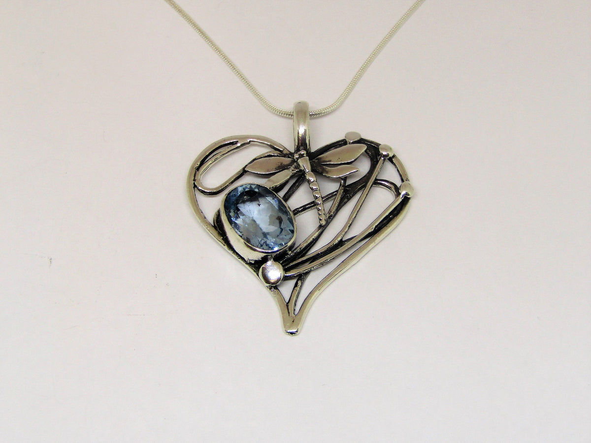 Heart Dragonfly Pendant in Sterling Silver with Blue Topaz by Madeleine Blaine