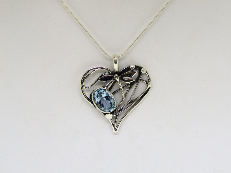 Heart Dragonfly Pendant in Sterling Silver with Blue Topaz by Madeleine Blaine