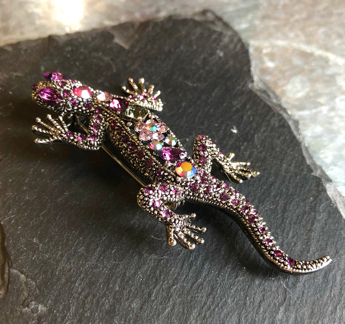 Diamanté Lizard Brooch in Pink by Jieun