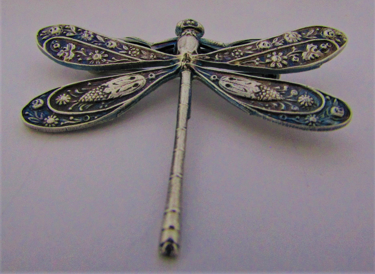 Faint Dark Blue/Purple Winged Silver Dragonfly Brooch by Jess Lelong