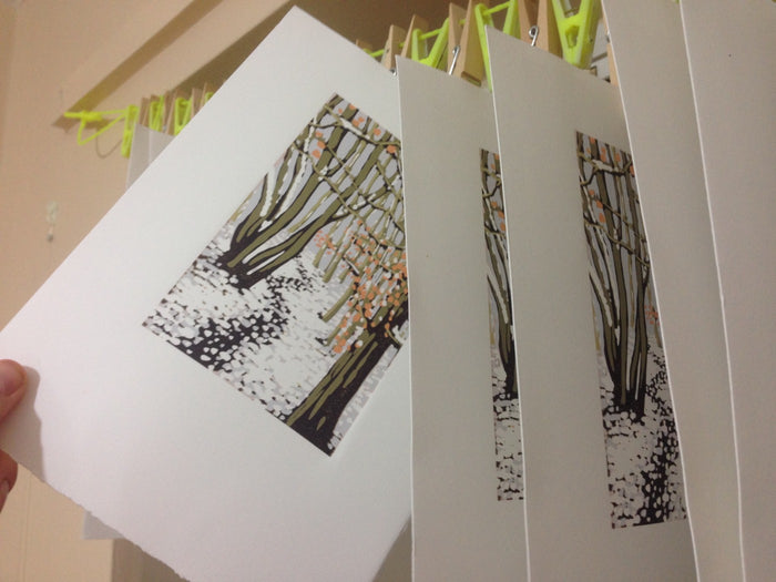 "Snowy Beeches" Limited Edition Reduction Linocut Print by Alexandra Buckle